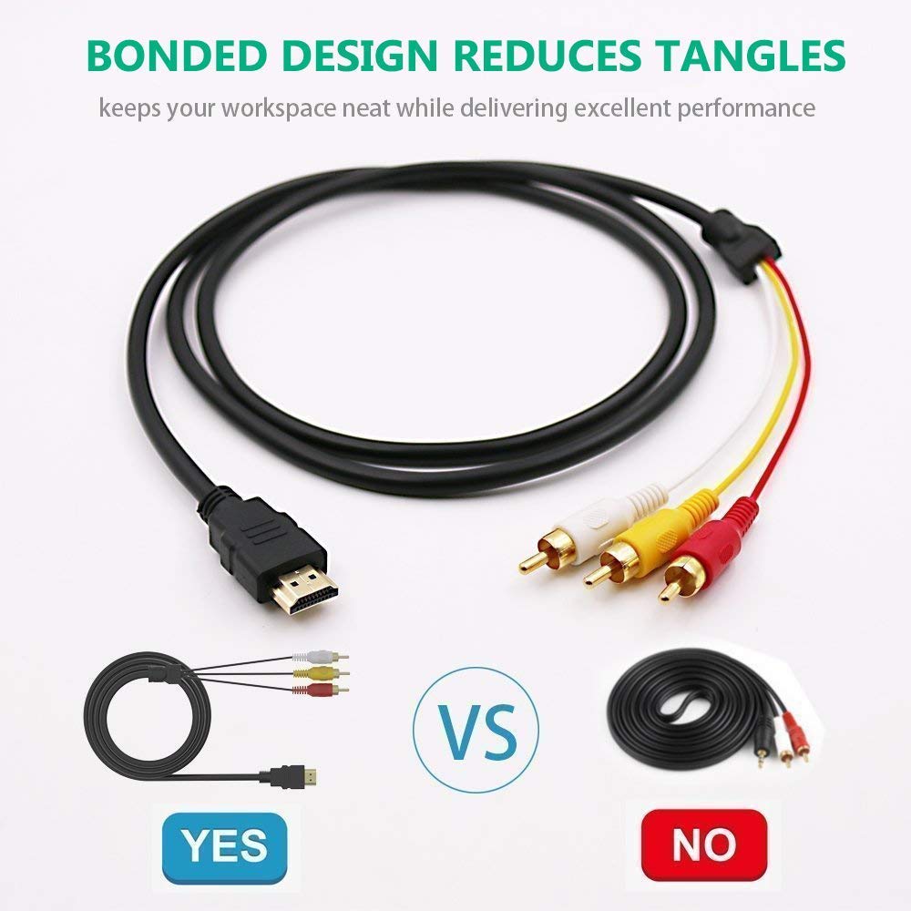BERLAT 1080P 5ft 3-RCA HDMI to RCA Cable, HDMI Male to Video Audio AV Cable Connector Adapter One-Way Transmitter