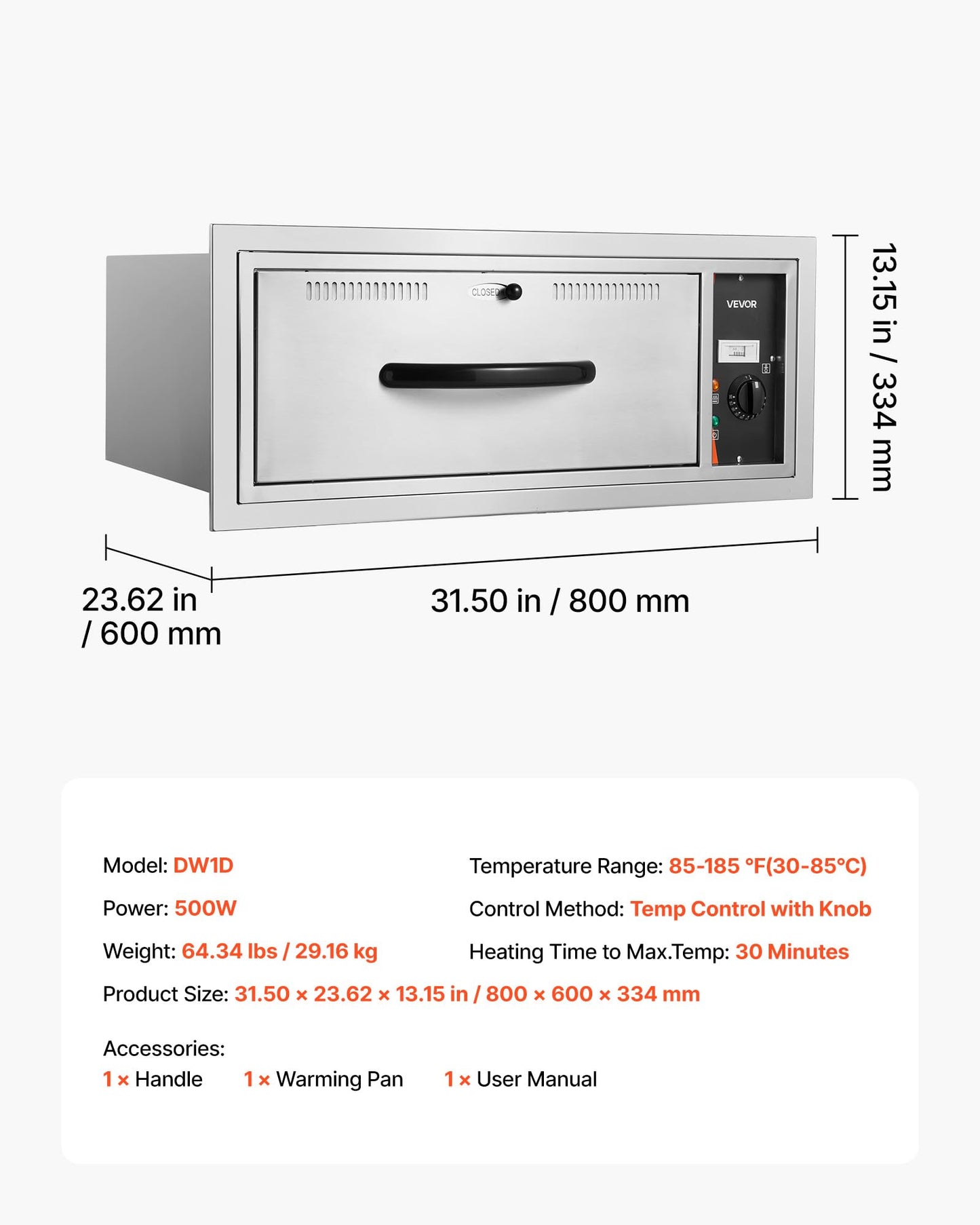 VEVOR Commercial Electric Drawer Warmer, Single-Drawer Stainless Steel Food Warmer, Built-in Installation Warming Drawer Cabinet, 85°F–185°F Wide Temperature Range, for Restaurant, Hotel & Bakery