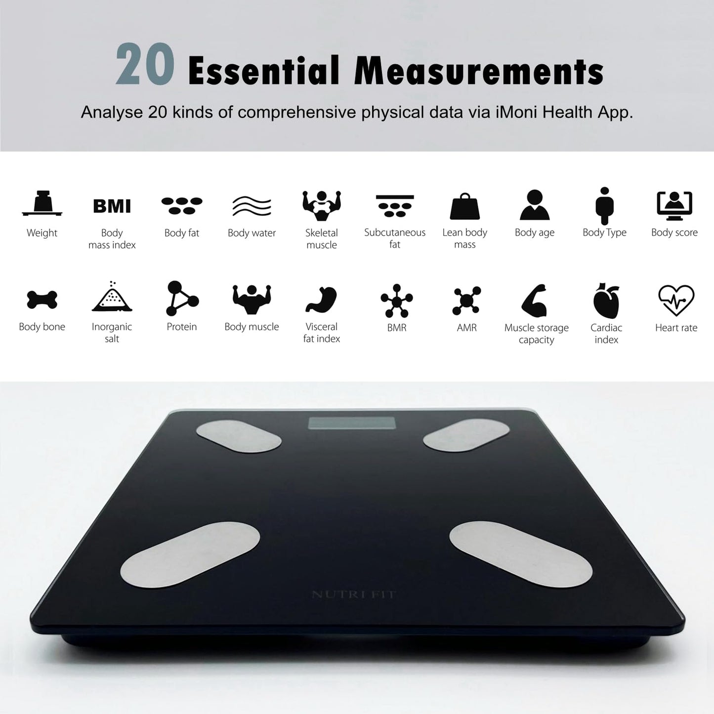 NUTRI FIT Smart Scale for Body Weight Body Composition Monitor, Bathroom Digital Weighing Scale with BMI, Body Fat, Muscle Mass, Accurate Bluetooth Home User Health Equipment Sync Apps