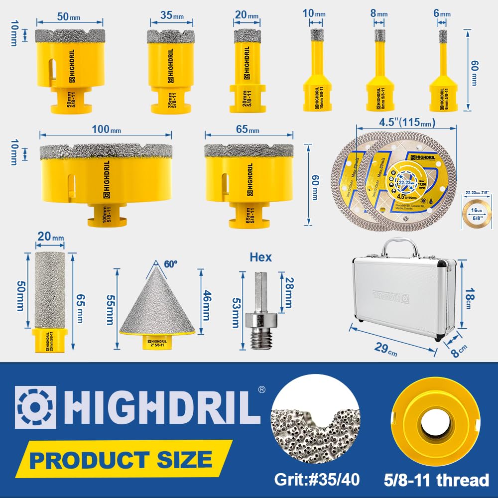 HIGHDRIL 13Pcs Diamond Hole Saw Kit and HIGHDRIL Core Drill Bit Set - 5pcs