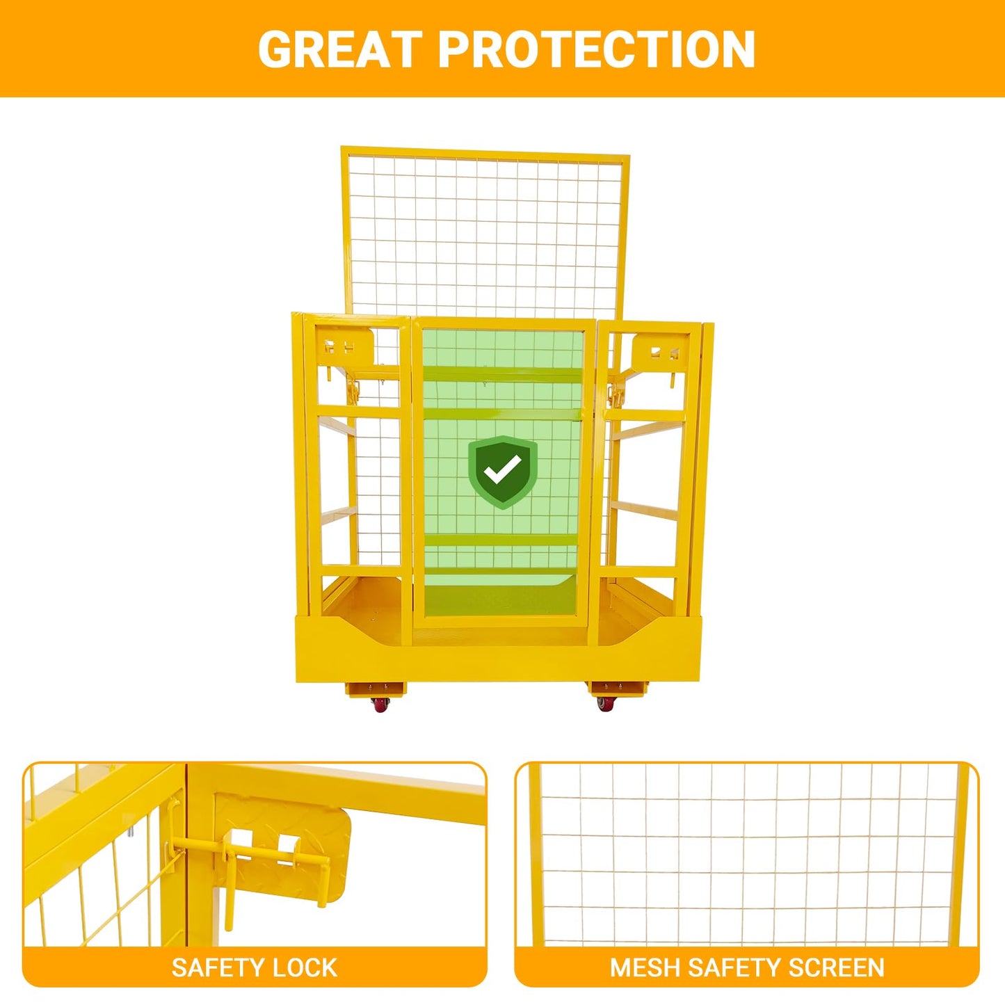 43"X45" Forklift Safety Cage, 1400 LBS Forklift Man Basket Work Platform with Safety Strap ＆ Lockable Swivel Wheels, Heavy Duty Collapsible Lift Cage for Most Aerial Jobs