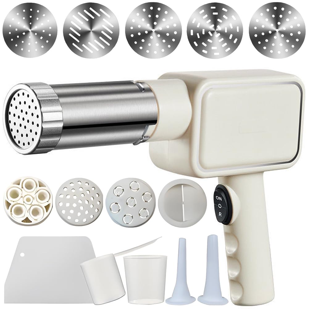 QCQDL Electric Pasta Maker, Handheld Pasta Maker Machine, All-In-One Cordless Noodle Machine, with Shaping Molds And Cutter,White