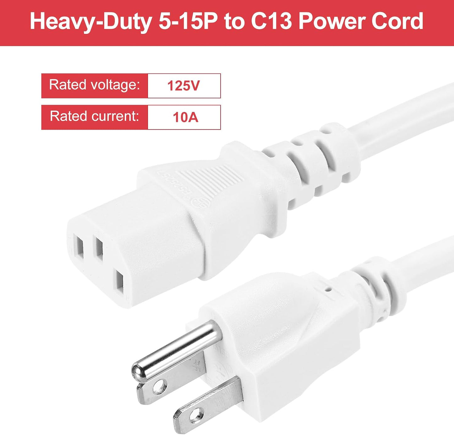 MECCANIXITY 3ft 18 18/3 C13 5-15P 10A 125V 3-Prong AWG White Universal Power Cord to NEMA Extension Power Cord