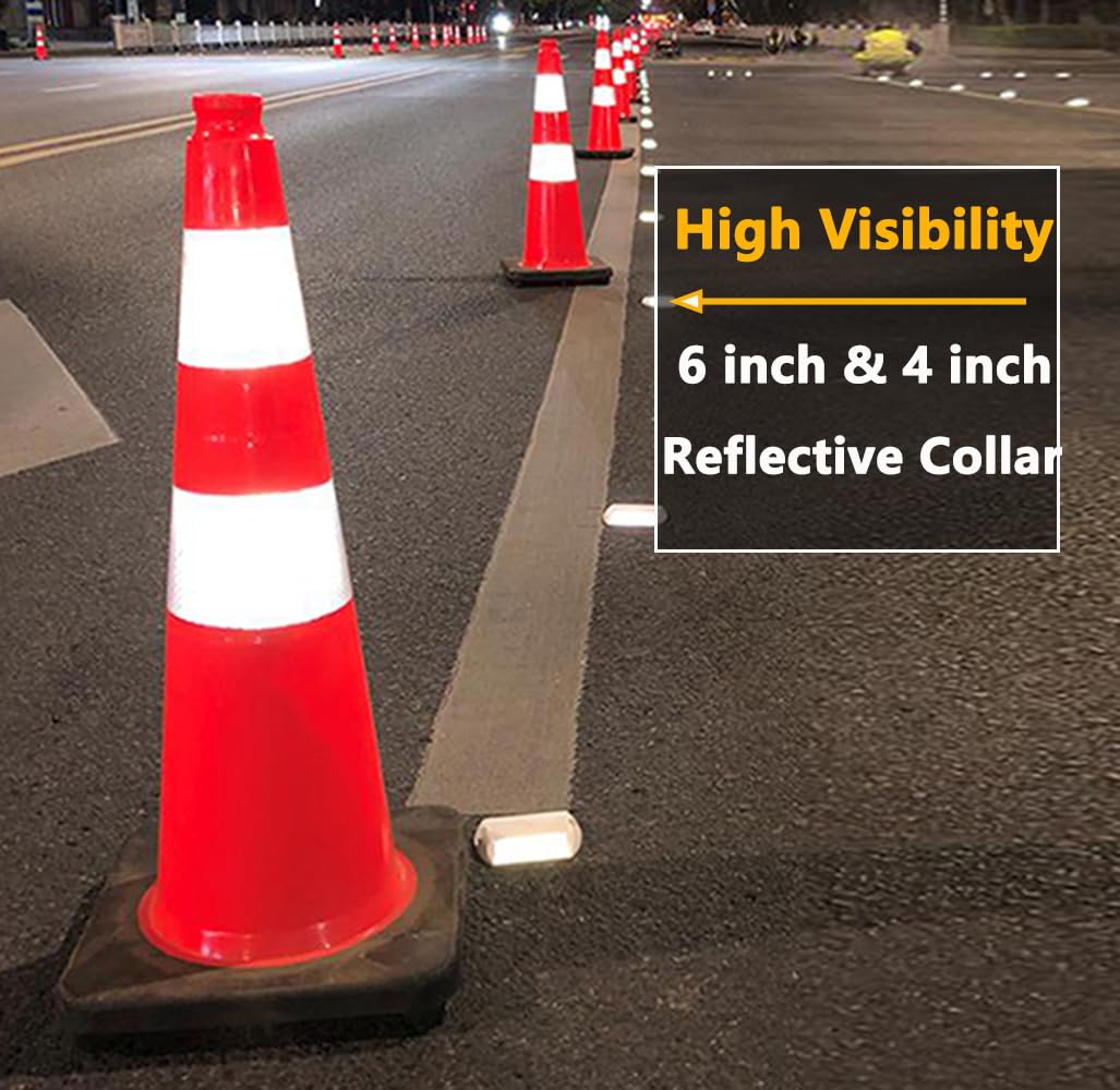 (14 Cones) BESEA 28” inch Orange PVC Traffic Cones, Black Base Construction Safety Cones Road Parking Cone Structurally Stable Wearproof (28" Height)