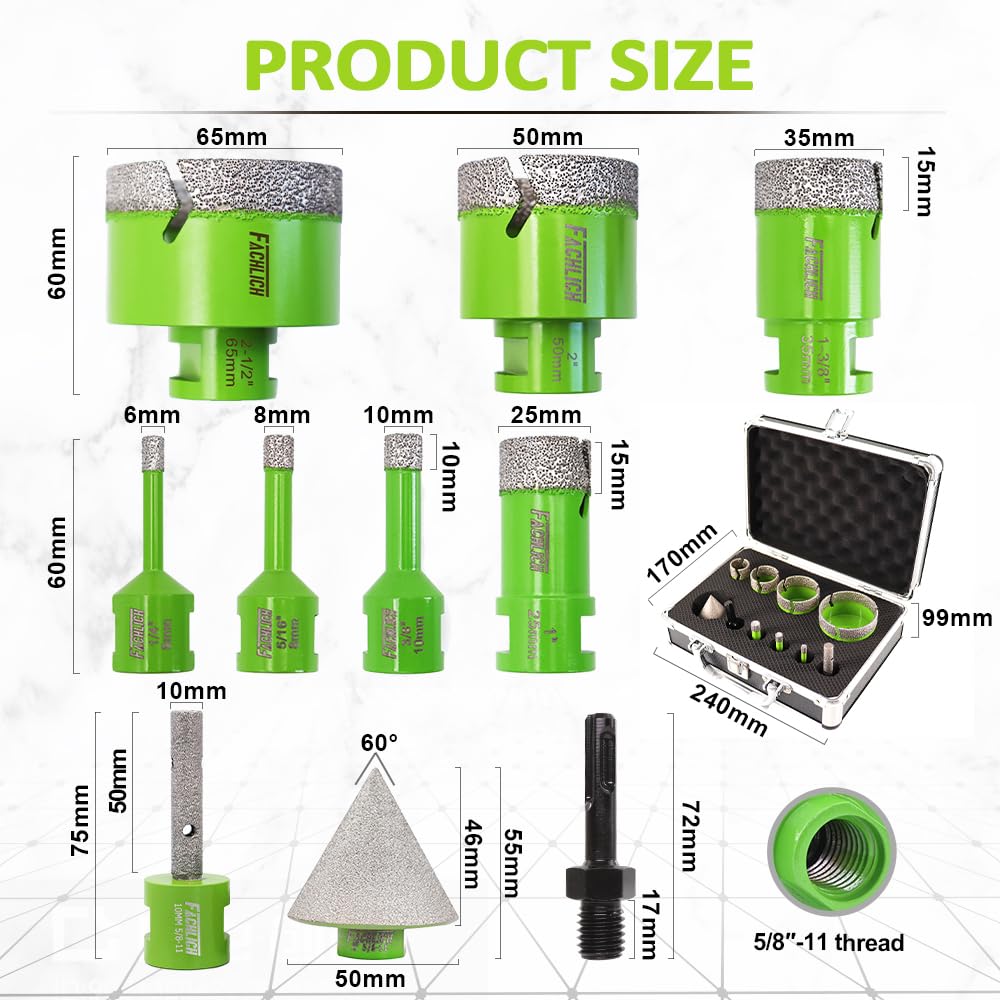 22pcs FACHLICH Tile Hole Saw Kit Diamond Core Drill Bits Set 1/4" 5/16" 4/5" 1" 1-3/8" 2" 3" 4" with 4/5" Finger Bit 2" Beveling Chamfer Bit for Porcelain Ceramic Granite Marble