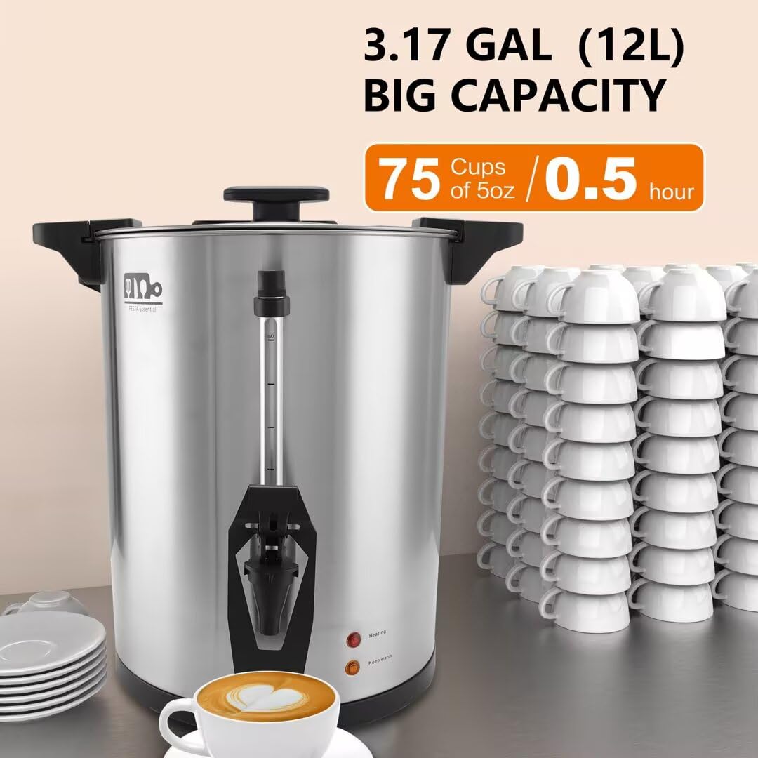 75 Cup 12L/3.17Gallon Commercial Coffee Urn, Festa Essential 950W Large Percolate Coffee Maker, Hot Beverage dispenser With Double Dripless Faucet, Quick-Brewing Hot Water Urn for Catering,Home,Events