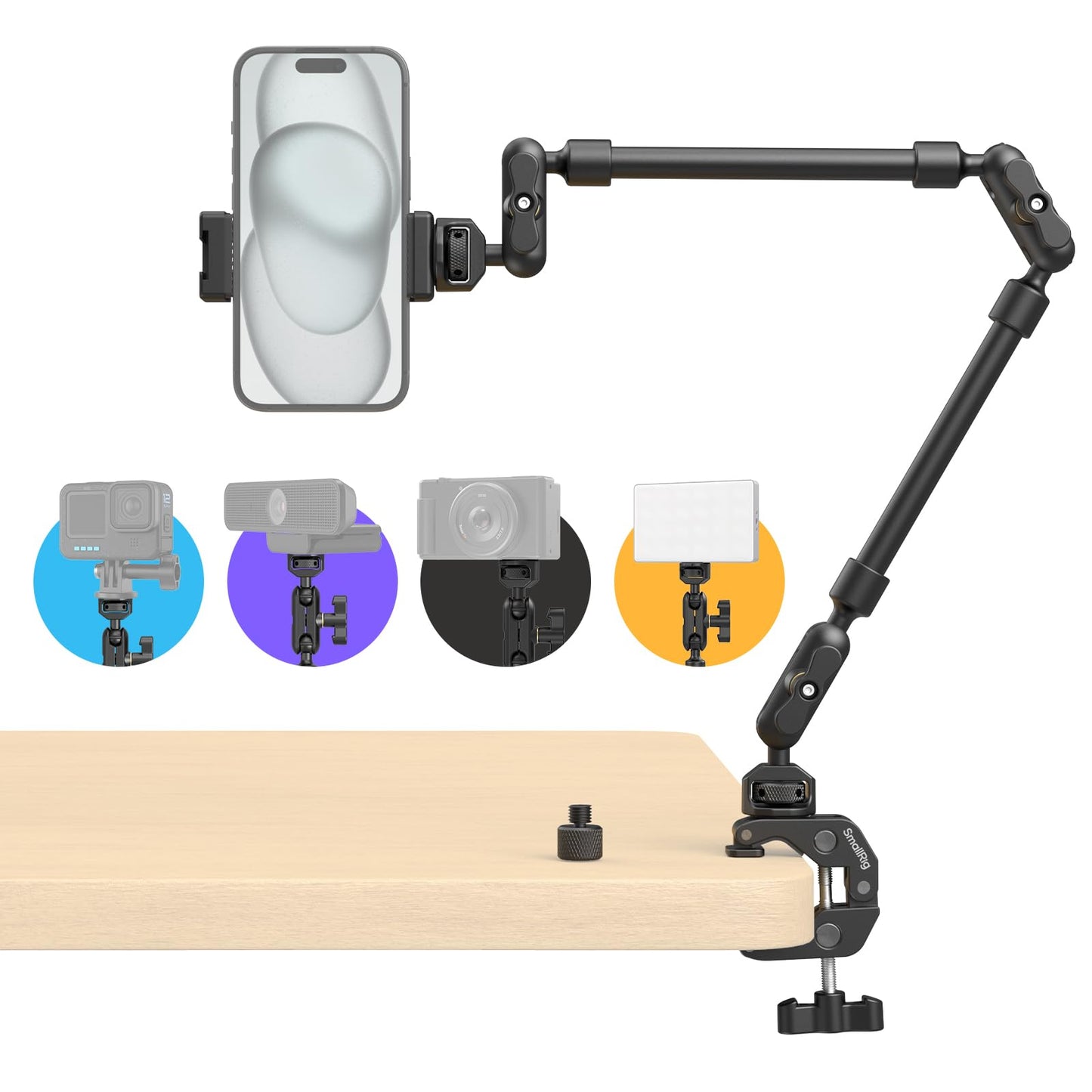 SMALLRIG 22" Magic Arm Clamp, Overhead Phone Mount Holder Stand, Flexible Desk Camera Mount, Articulating Friction Boom Arm, for POV Shot, Filming, Light, Webcam, Action Camera