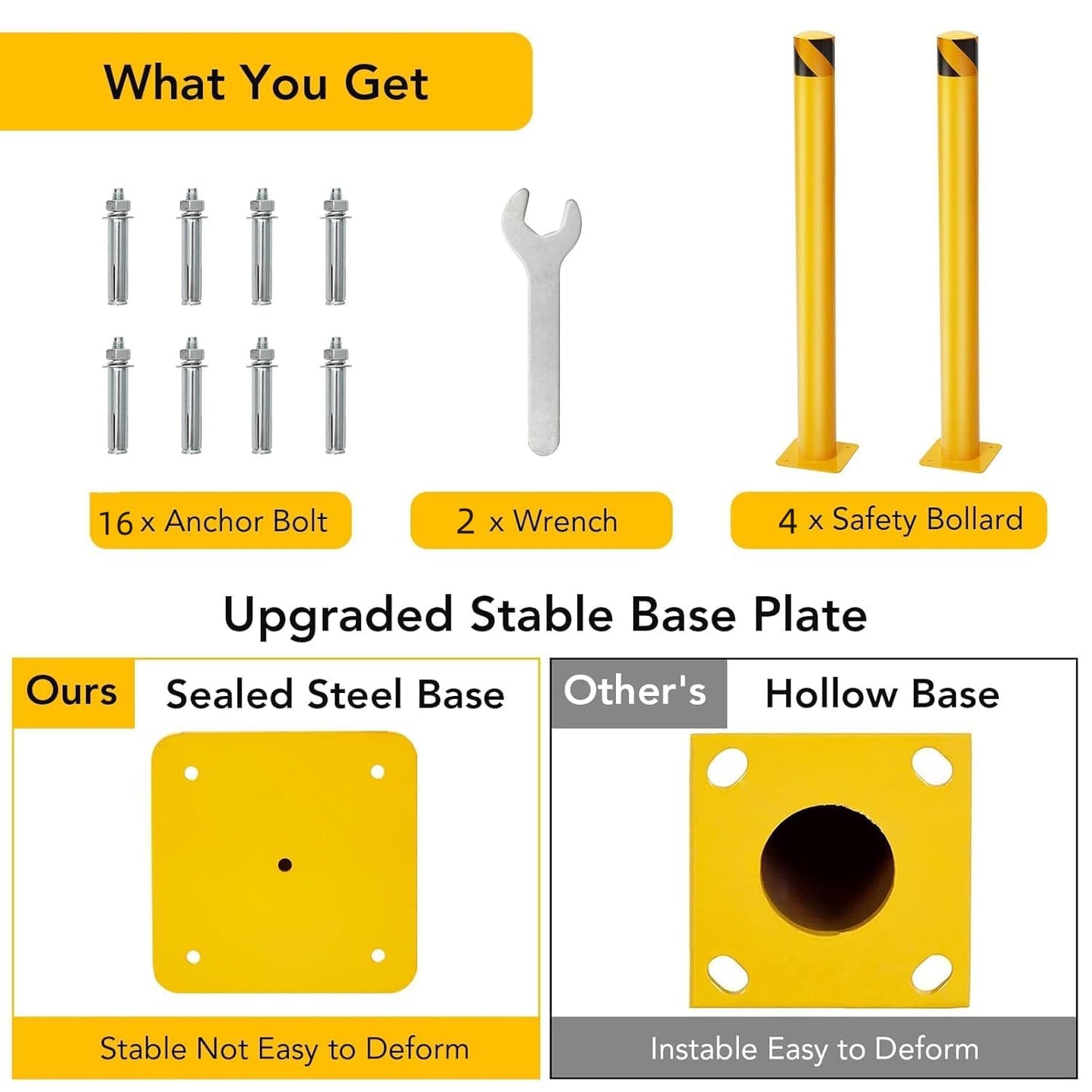 4-Pack 42 Inch Steel Safety Bollards, 4.5 Inch Diameter Parking Bollard Post with 16 Anchor Bolts, Yellow Safety Steel Bollard Post for Driveway Barrier, Traffic Control & Storefront Protection