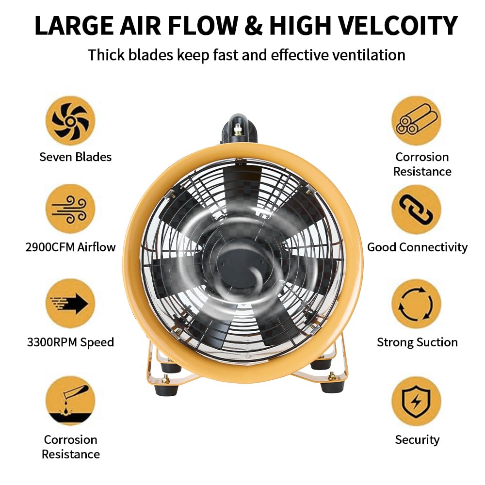 ONNAO 10 Inch Utility Blower Fan 3300RPM Ventilator 2580m3/h High Velocity Portable Industrial Extractor With 25 ft Flexible Duct Hose