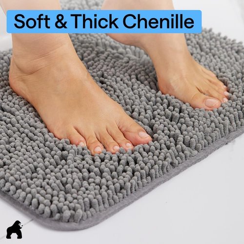 GORILLA GRIP Bath Rug Mat - Soft Absorbent Chenille | Quick Dry Microfiber, 60x17 Inches, Grey