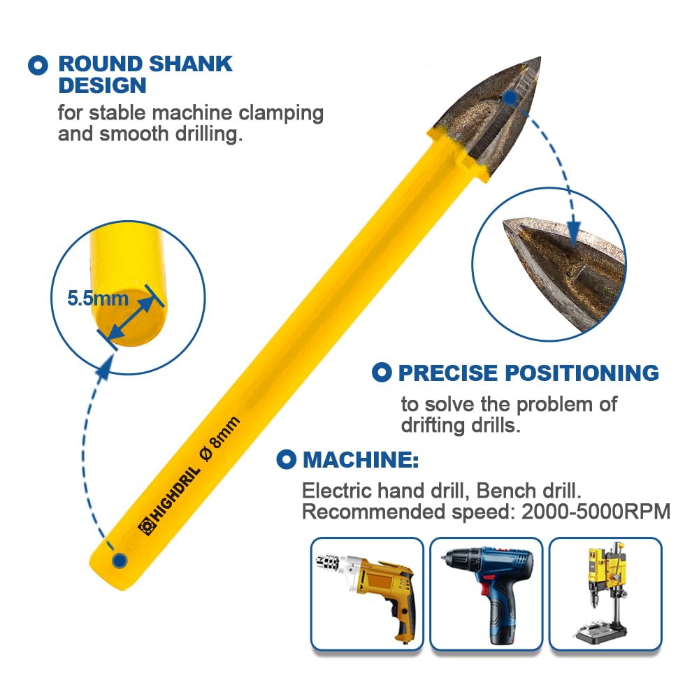 HIGHDRIL Diamond Drill Bits Kit with 5/8-11 for Porcelain Tile Ceramic Marble Brick Concrete Vacuum Brazed Hole Saw(6/8/10/20/35/50/65/100mm+50mm Chamfer Bit+20mm Finger Bit+Adapter)