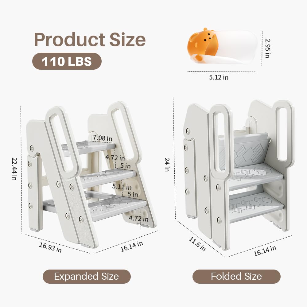Foldable Toddler Step Stool, Adjustable 2-3 Step Kids Step Stools for Bathroom Sink, Potty Training Toilet, Child Kitchen Counter Standing Tower, Plastic Ladder Helper Stool for Bedroom