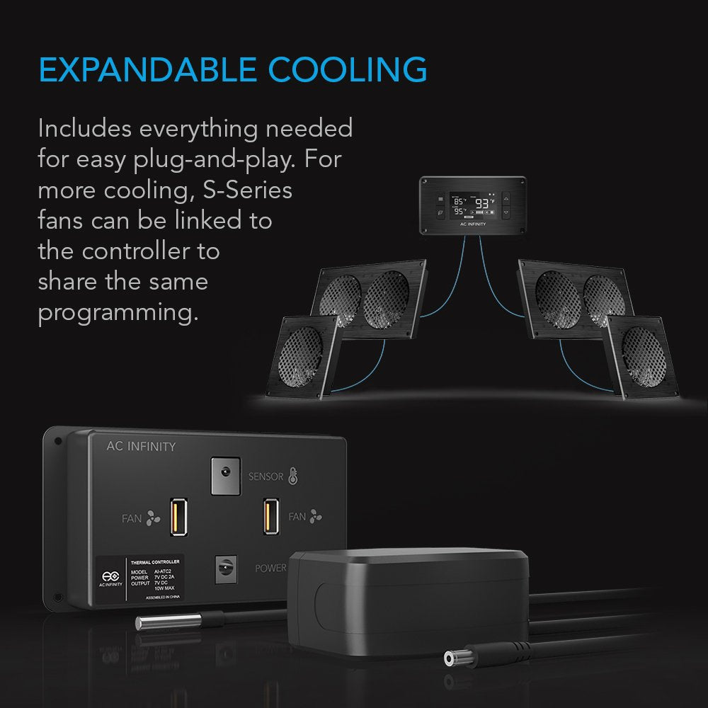 AC Infinity AIRPLATE T8 White, Quiet Cooling Dual-Fan System 6" with Thermostat Control, for Home Theater AV Cabinets