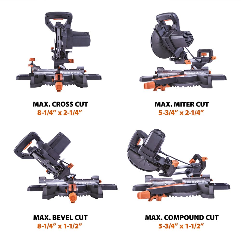 Evolution Power Tools R185SMS+ Sliding Miter Saw with Multi-Material Cutting, 45 Degree Bevel, 50 Degree Miter, 210 mm Slide, Blade Included Cuts Wood Plastic Metal & More, 7-1/4"