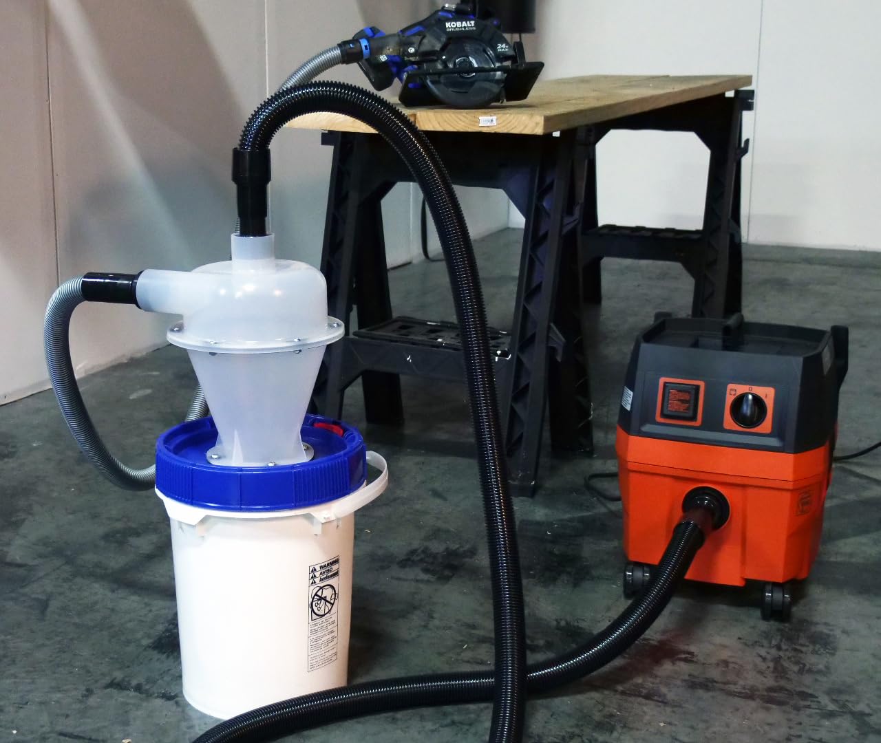 Cen-Tec Systems Assembled Quick Click Dust Separator with 5 Gallon Locking Collection Bin with Power Tool Adapter Set, 16 Ft. Hose, and Vacuum Tools