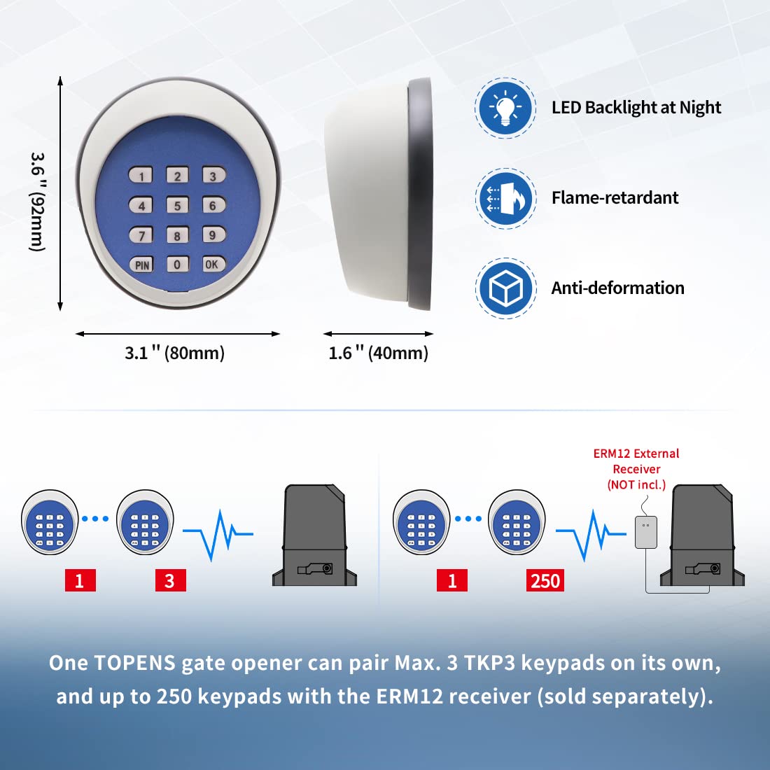 TOPENS TKP3 Wireless Keypad Keyless Entry Keypad Digital Code Panel Security Control for Automatic Swing Sliding Gate Opener, Outdoor Remote Accessory