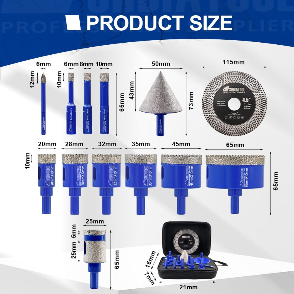 Diamond Core Drill Bits Set 10PCS - DARTOTEK Tile Hole Saw Kit (6/6/6/20/25/32/35/50mm/1 3/8"/6mm for Porcelain, Ceramic Tile, Granite, Marble, Masonry