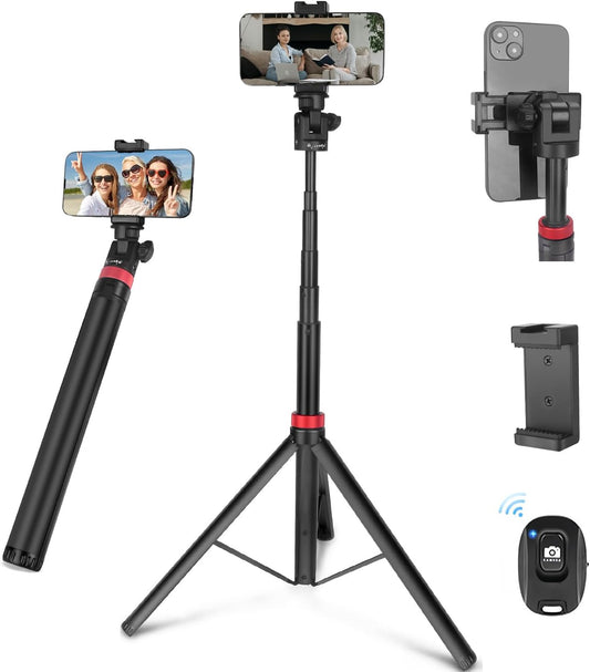 JEBUTU 1/4" Extendable Tripod Aluminum, Portable Adjustable Light Stand with Screw Phone Holder & Remote, Ball Head