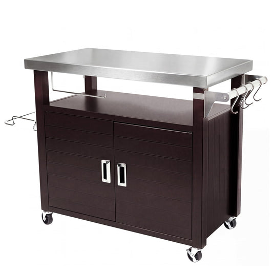 BBQMall Outdoor Grill Cart with Stainless Steel Top & Large Storage Cabinet, Movable Kitchen Island with Wheels for BBQ Food Prep, Pizza Oven Stand 39" x 20" x 35"