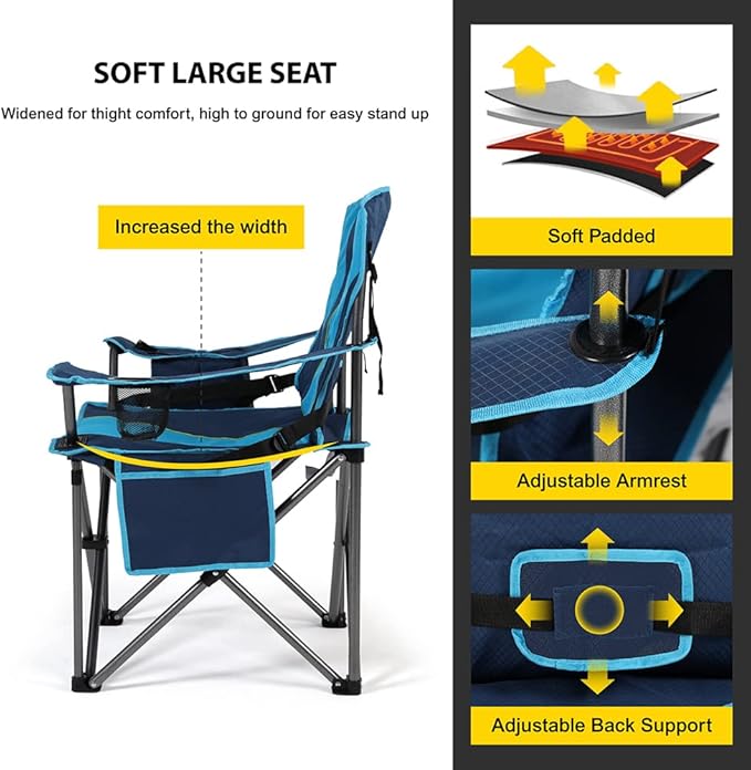 FAIR WIND Oversized Fully Padded Camping Chair with Lumbar Support, Heavy Duty Cooler Bag Fold Chair Support 450 LBS, Green