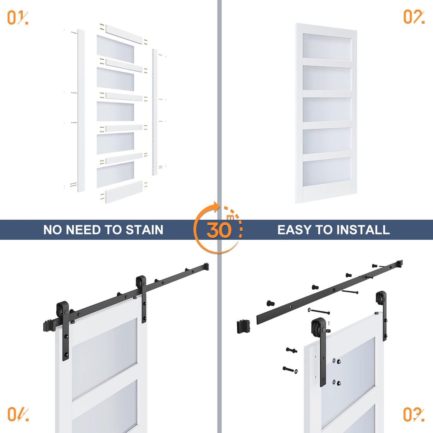 ROYMELO 32x84 Inch Glass Sliding Barn Door Slab and 5.5ft Hardware Kit Included, 5 Frosted Glass, LVL Wood Panel Covered with White Water-Proof Scratch-Proof PVC Surface, Simple DIY Assembly