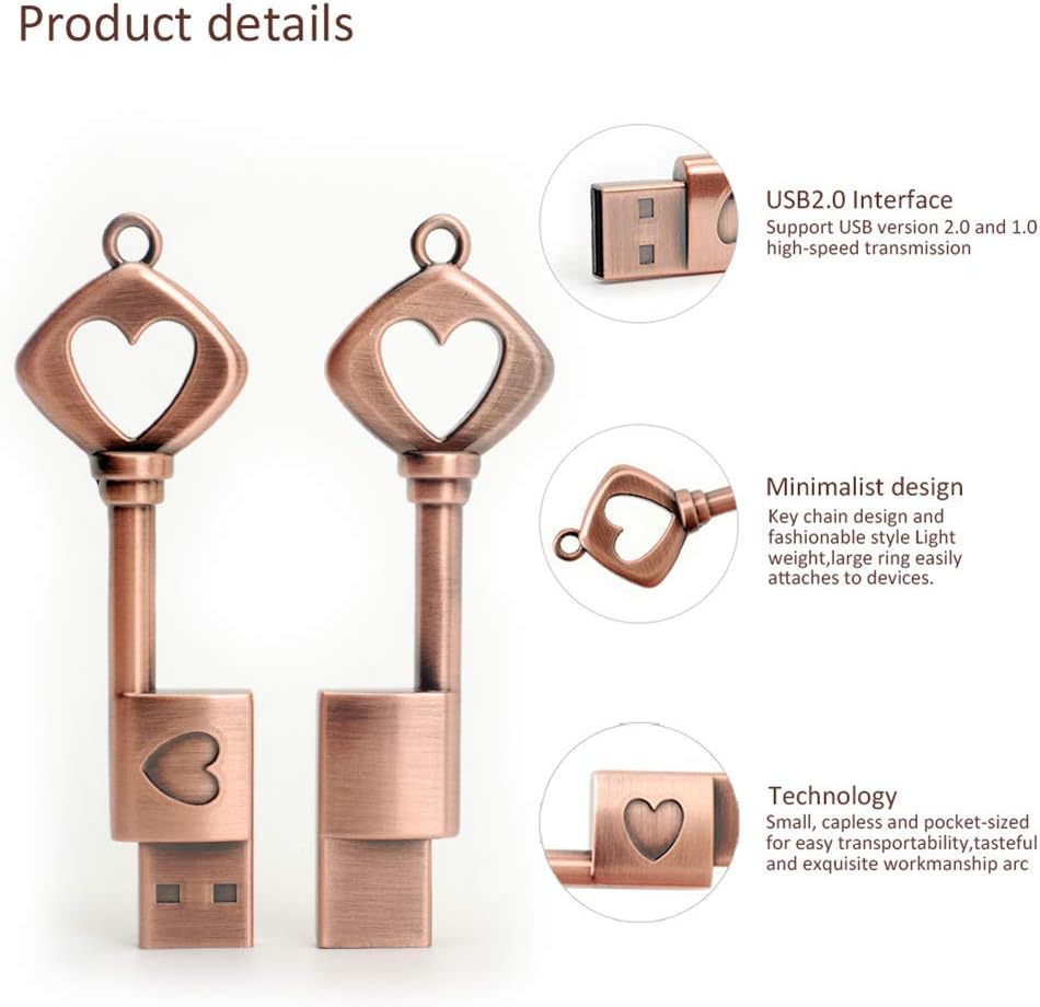 BORLTER CLAMP 32GB 2.0 USB Flash Drive, BorlterClamp Memory Stick Retro Metal Love Heart Key Shaped Thumb Drive