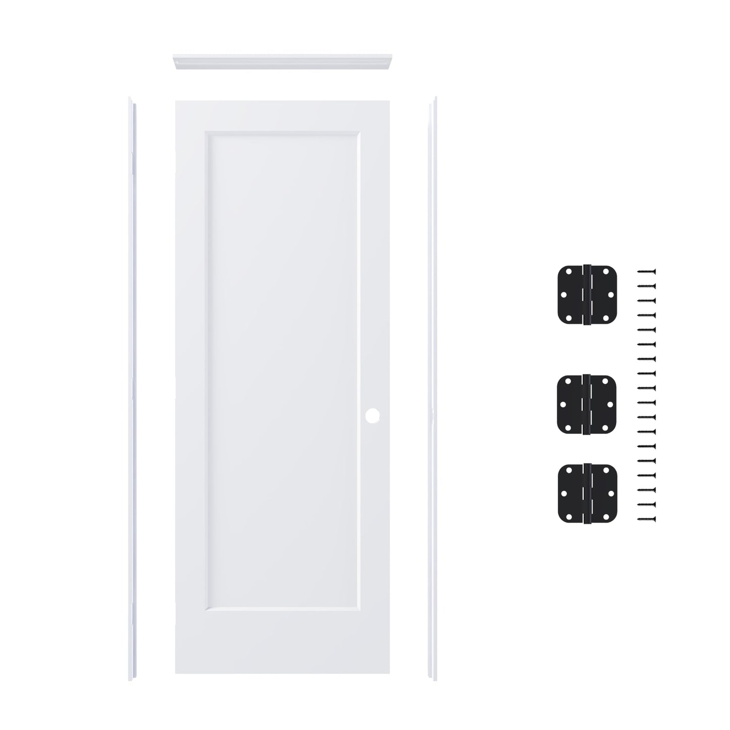 JUBEST 36"x80" Right-Hand Prehung Interior Door with Knock Down Jamb Kit & Matte Black Hinges, 1-Panel White Primed Hollow Core Molded Door Slab with Bore & Hinge Cutout, Durable & Sturdy, No Handle