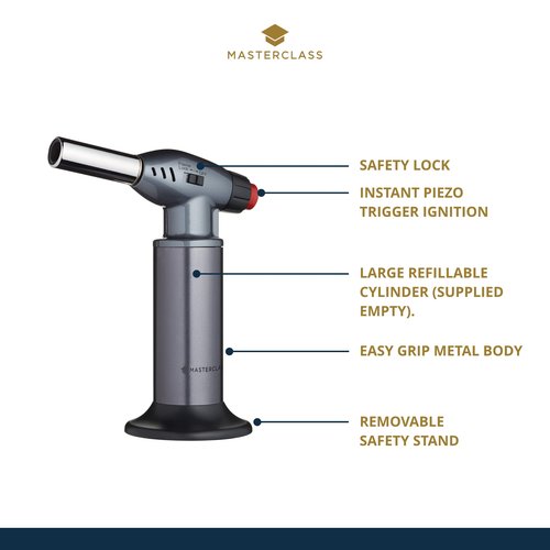 MasterClass Blow Torch, Refillable Chef Blow Torch, Adjustable Anti-flare Flame, Non-Slip Metal Body, Grey/Silver