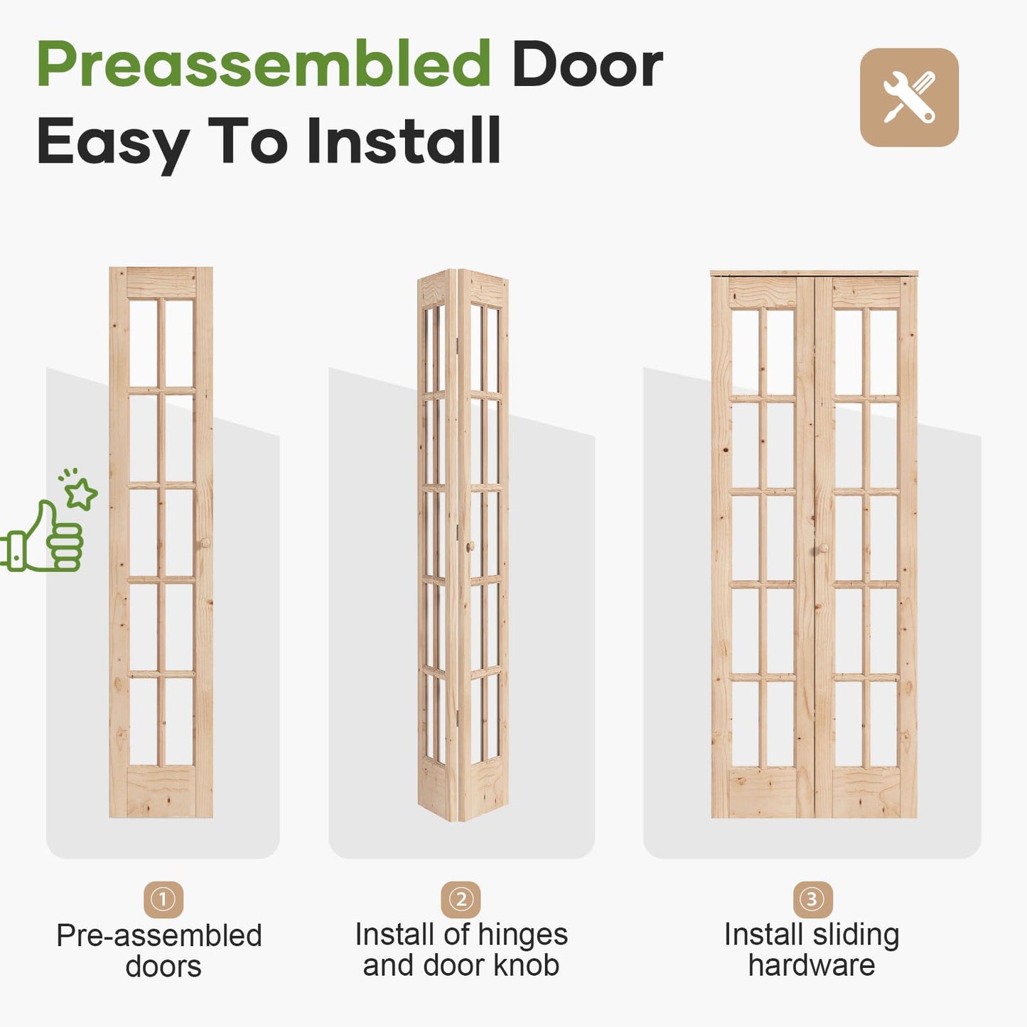 EaseLife Bifold Closet Door,for 32in x 80in (Double 16x80) Opening,French Glass Barn Doors with 2.66FT Concealed Bi-Fold Sliding Hardware Kit Included,Preassembled Door,Easy Install,DIY staining