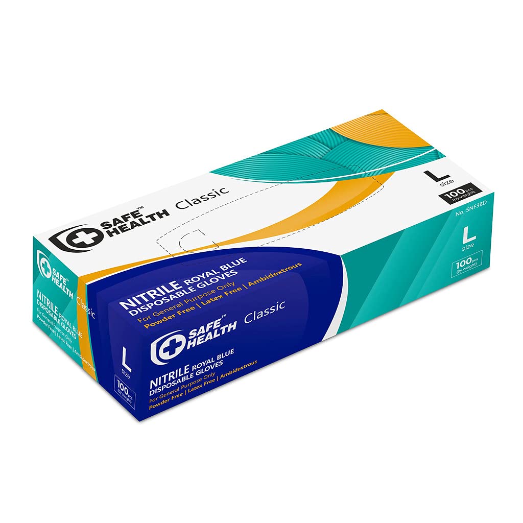 Safe Health Nitrile Disposable Gloves, Latex Free, Powder Free, Blue, Case of 1000, Large, Textured, 3.5 mil, Industrial, Food, Janitorial, Tattoo, Law Enforcement, Pet Care, Servoce, Cleaning