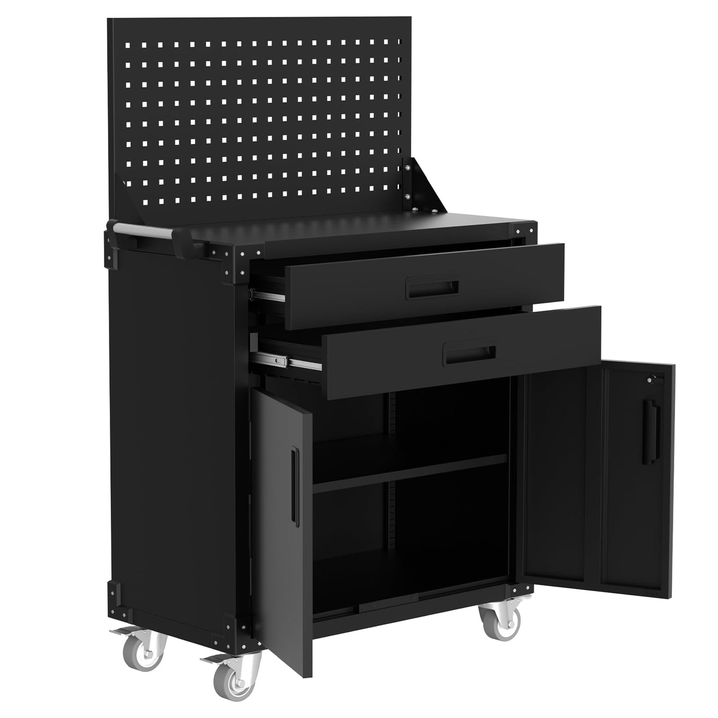 GarveeHome Rolling Tool Cabinet, Heavy Duty Steel Garage Storage Cabinet with 2 Drawers, Pegboard & 4 Wheels, Lockable Tool Cart Workbench for Workshop, Warehouse