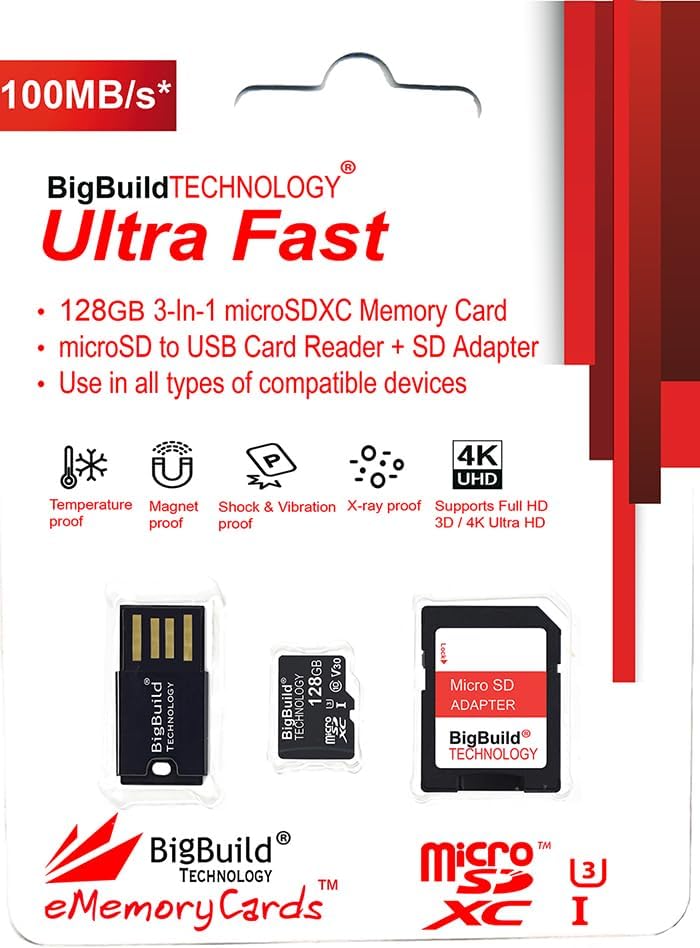 BigBuild Technology 128GB 100MB/s U3 E13, Ultra Fast Micro SDXC Memory Card for Motorola Moto Moto G Pure Cell Phone