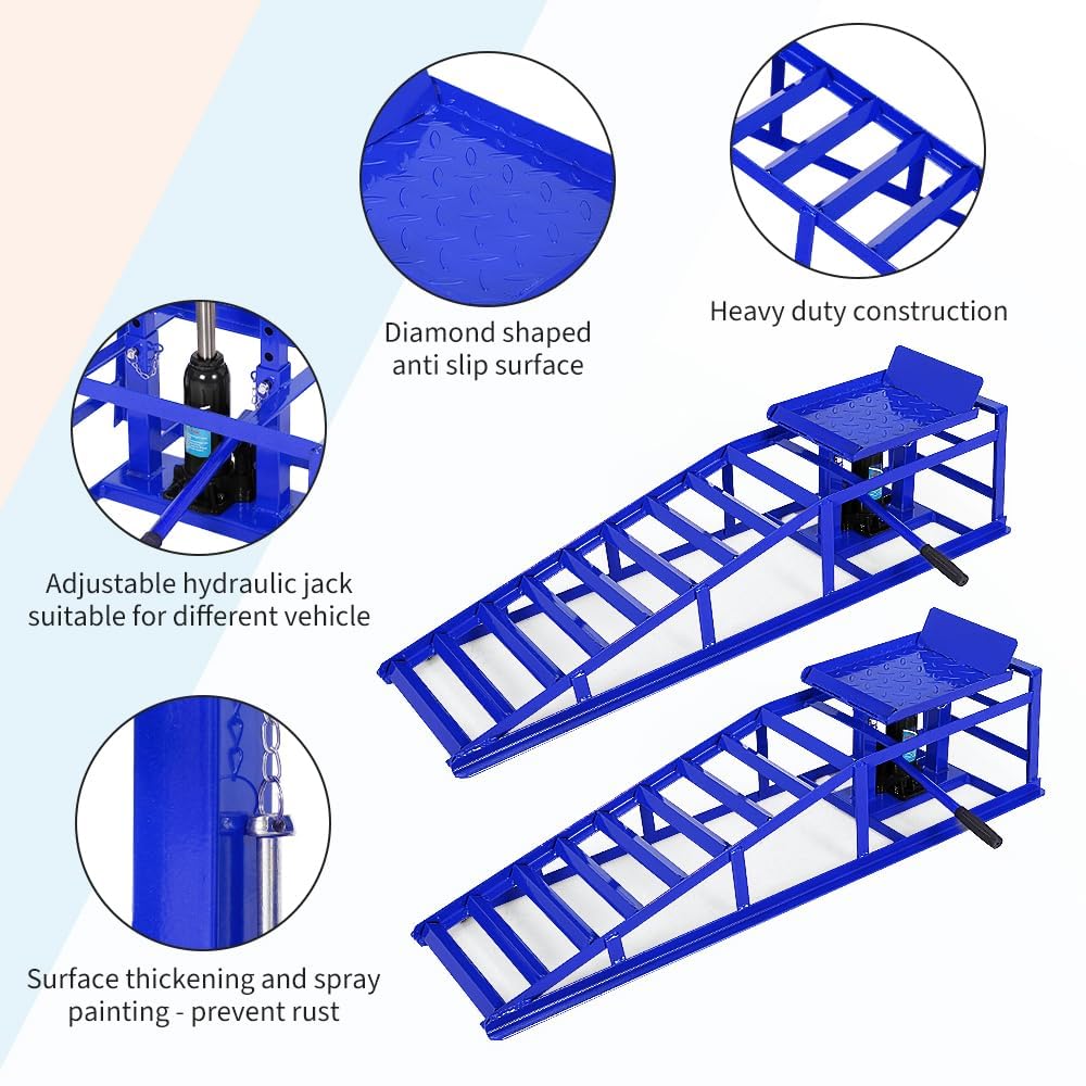 Hydraulic Car Ramps 2 Pack, 11000 Lbs Heavy Duty Steel Car Ramps with Hydraulic Jack, Adjustable Lift Height 9.8"-15", Auto Ramp for Oil Changes, Home Garage, Vehicle Truck Repair, Blue