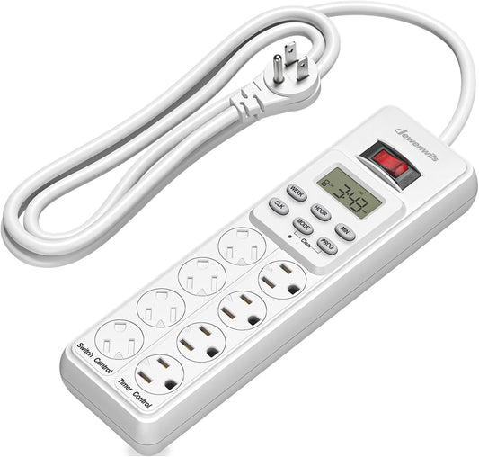 DEWENWILS 8 (4 Timed/4 6ft 15A, Outlet Power Strip with Timer Always On), Indoor Digital Outlet for Reptile Light