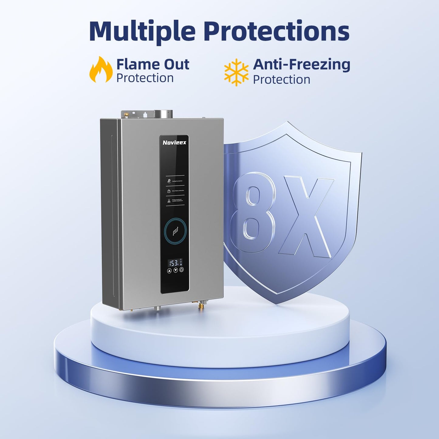 Tankless Water Heater, Novieex On Demand Water Heater Natural Gas, Up to 4.3 GPM, 100,000 BTU Instant Hot Water Heater with LED Display, Indoor Installation, 2-4 Point Use for Family Bathroom Kitchen
