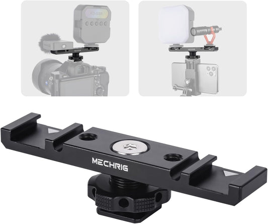 Mechrig 1/4" (62034) Dual Cold Shoe Extension Bar Mount, Aluminum Dual Hot Shoe Mount Bracket with Thread & Cable Slot