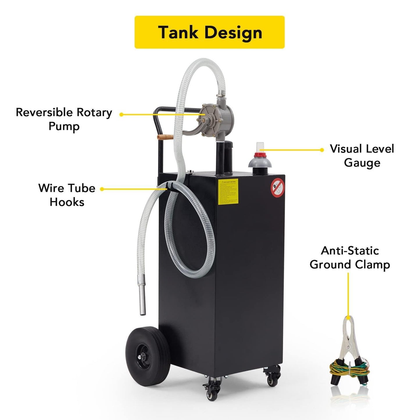 40 Gallon Fuel Transfer Tank - Portable Gas Caddy with Hand Siphon Pump & Flat-Free Wheels for Automotive Diesel Engine Oil Storage, Rolling Garage & Farm Fuel Carrier, Black