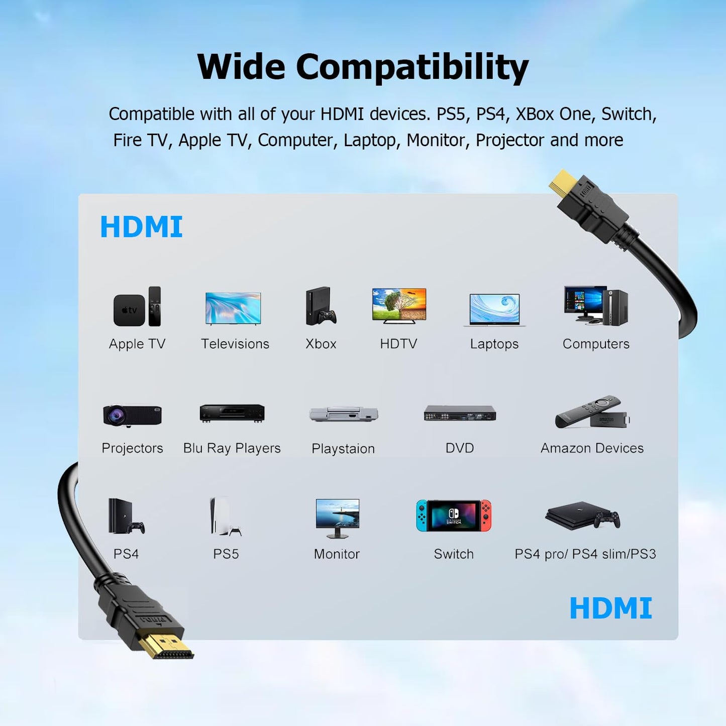 CEFOJQAO 10 4K, 5-Pack 10FT, 2.0 4K@60Hz,2k 120/165Hz CL3 2.2, 3D PS4/5, FT HDMI Cable HDMI Computer TV Cord