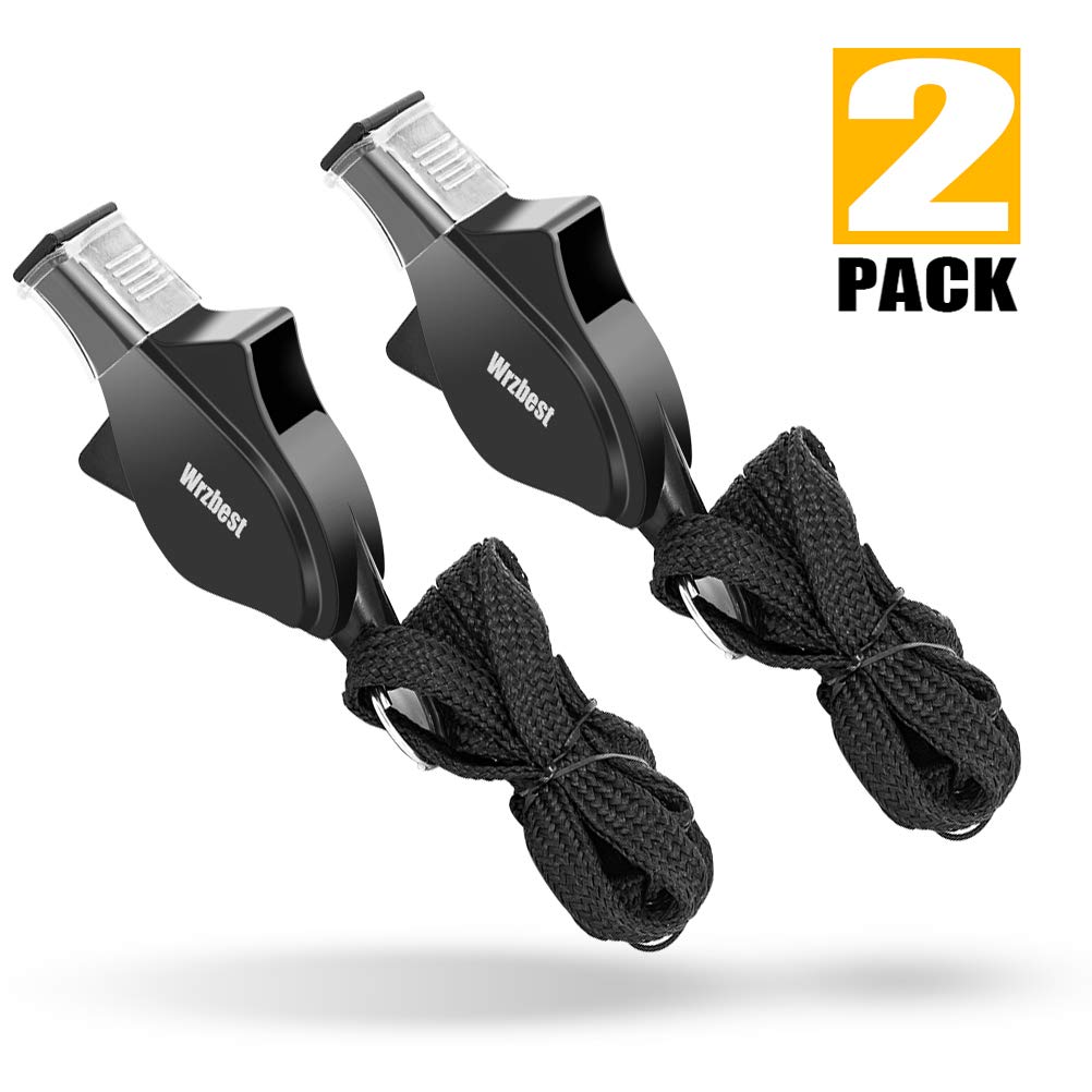 Wrzbest Sports Referee Coach Whistle，Bulk Dolphin Shape Pealess Plastic Whistles with Rubber Teeth Protector and Lanyard (2 General Black Whistle)