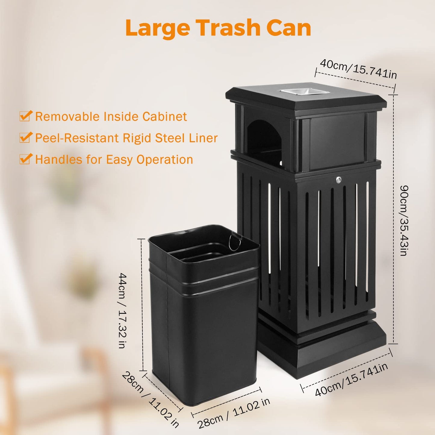 BEAMNOVA Matte Black 35.5 * 15.8 * 15.8 in Trash Can Outdoor Top Tray + Gold 9.8 * 24 in Stainless Steel Trash Can with Top Lid Tray