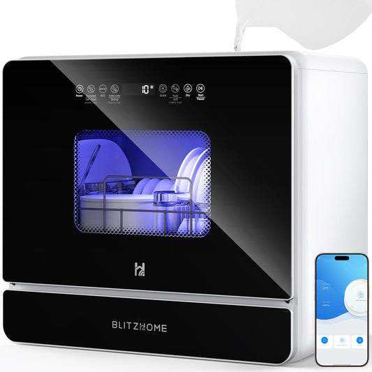 BLITZHOME WiFi Countertop Portable Mini Dishwasher, Smart 9 Programs,167℉ High-Temp, Hot Air Drying, Air Refresh, 360° 3 Spray, 24H Timing, LED Light, 5.2L Built-in Water Tank for Apartments RVs