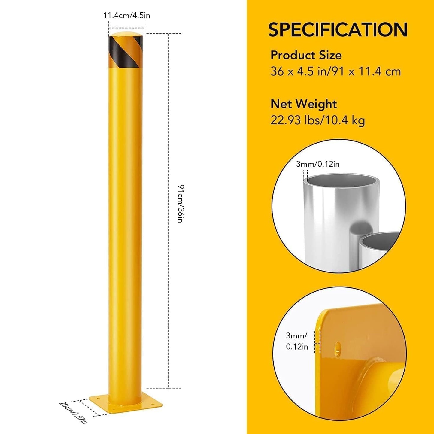 6-Pack 36 Inch Steel Safety Bollards, 4.5 Inch Diameter Bollard Post with 24 Anchor Bolts for Driveway Barrier, Parking Lot Protection, Storefront Security & Traffic Control