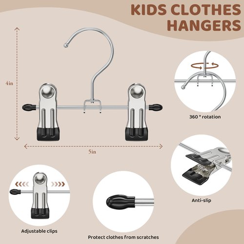 Eunhdet 24 Pack Baby Hangers with Clips, 360°Rotatable Toddler Pant Hangers with Clips, Non-Slip Space Saving Kids Hanger for Newborn Children Clothes Skirts Boots Closet Organizers, Black