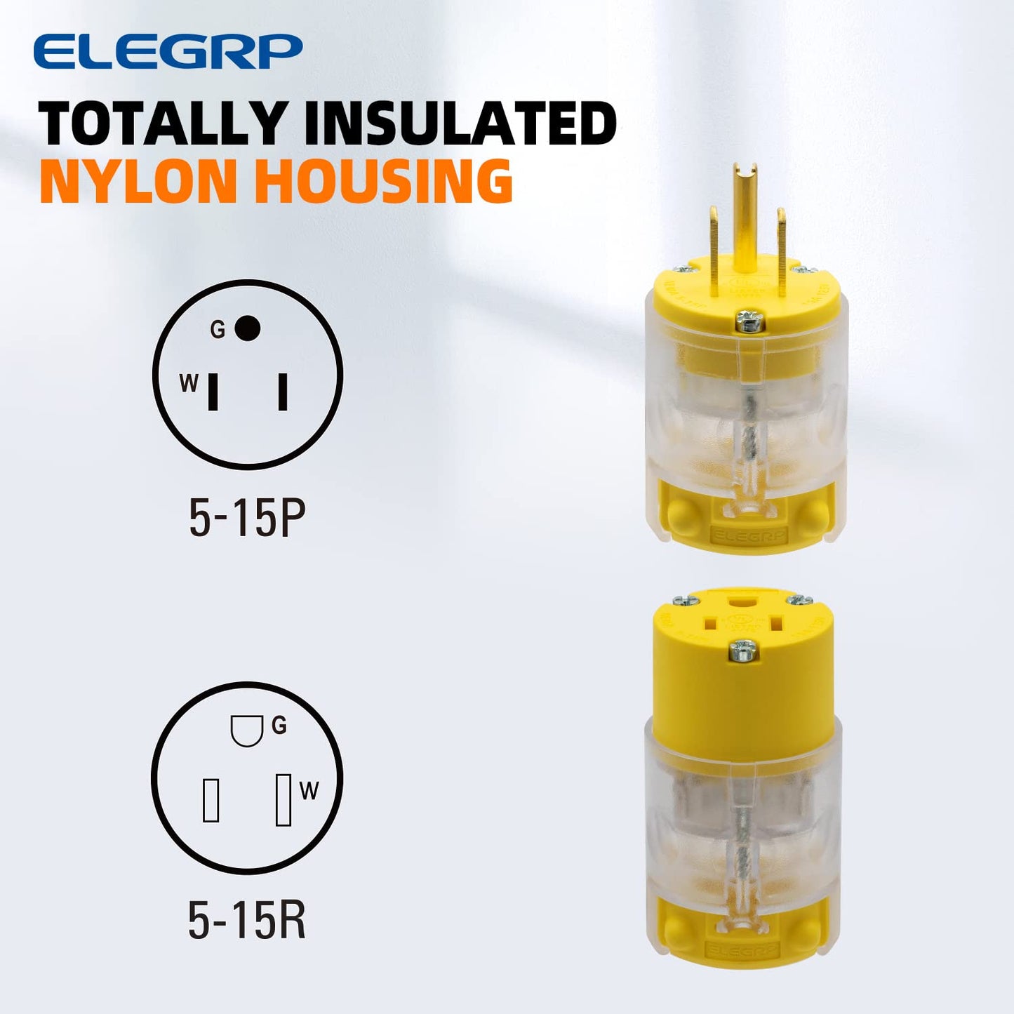 ELEGRP Lighted Straight Blade Electrical Plug and Connector Set 15 Amp 125 Volt NEMA 5-15P NEMA 5-15R 2 Pole 3 Wire Grounding, Commercial Grade, Yellow, 5 Set