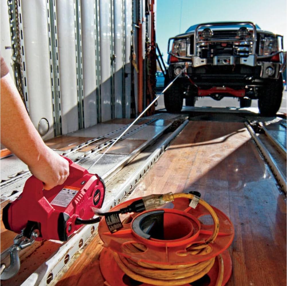 WARN 885000 PullzAll Corded 120V AC Portable Electric Winch with Steel Cable: 1/2 Ton (1,000 lb) Pulling Capacity, Variable Speed Trigger, Red
