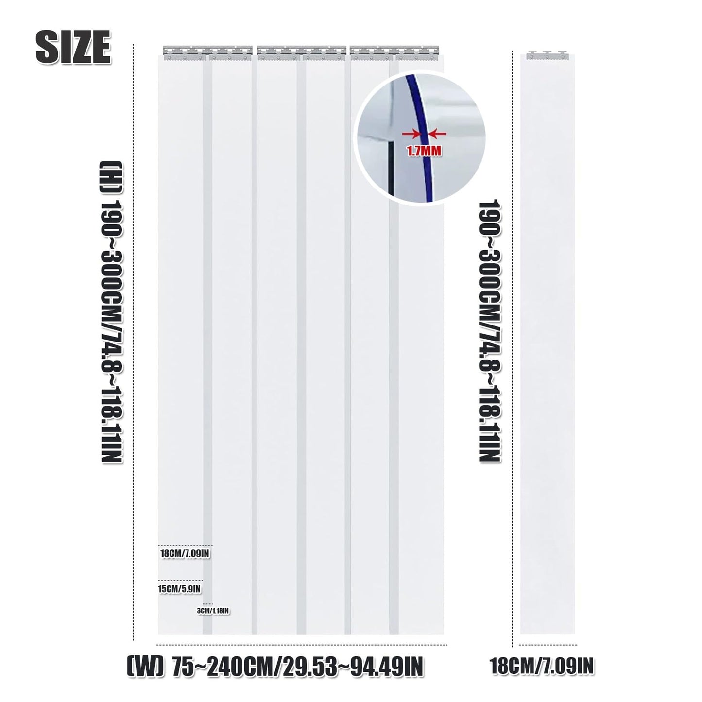 SHINGJING Heavy Duty Clear PVC Strip Curtain Door Kit，1.7mm Thick Plastic Vinyl Strips for Industrial Freezer Room, Walk in Cooler, Garage, Warehouse(W225xH250cm/W88.58xH98.43in)
