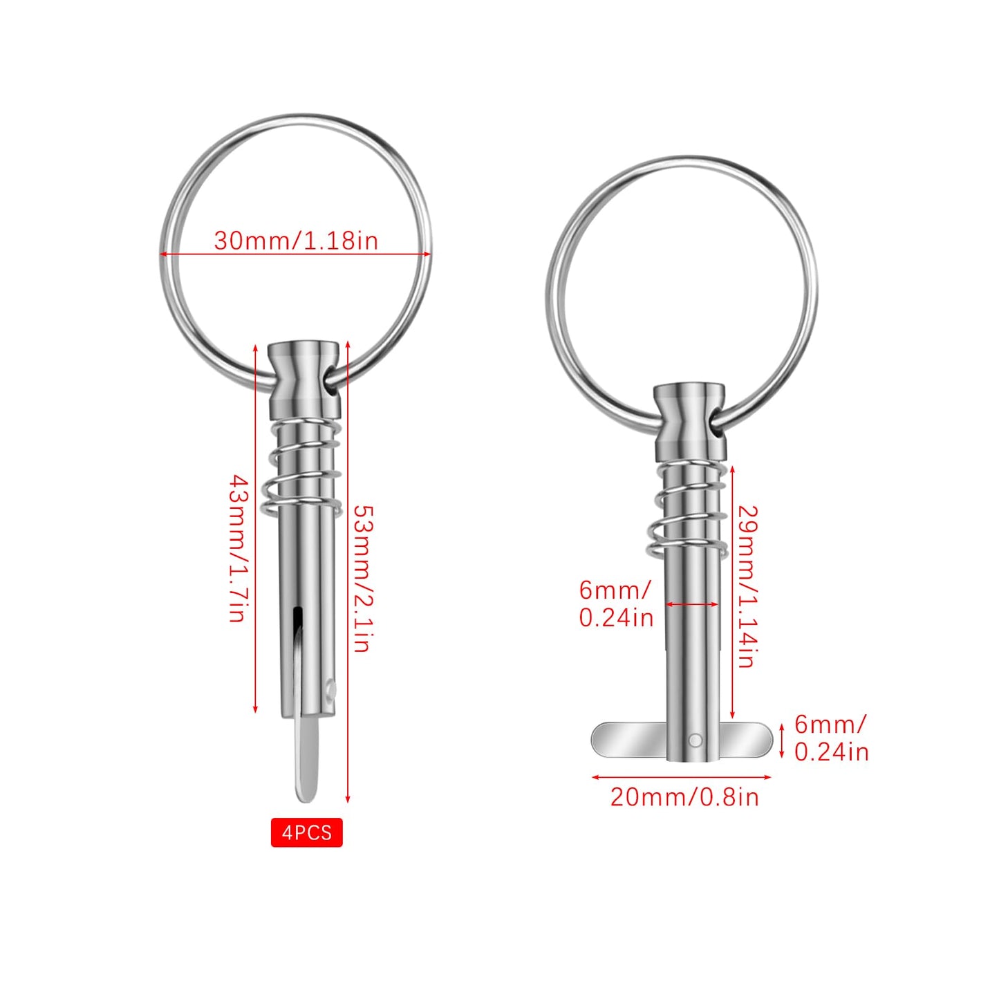 Hysagtek 6 Pcs Bimini Pins 1/4" Diameter Bimini Top Hardware, Quick Release Pin Boat Canopy Pins for Boat Canopy Marine Hardware, 316 Stainless Steel with Pull Ring