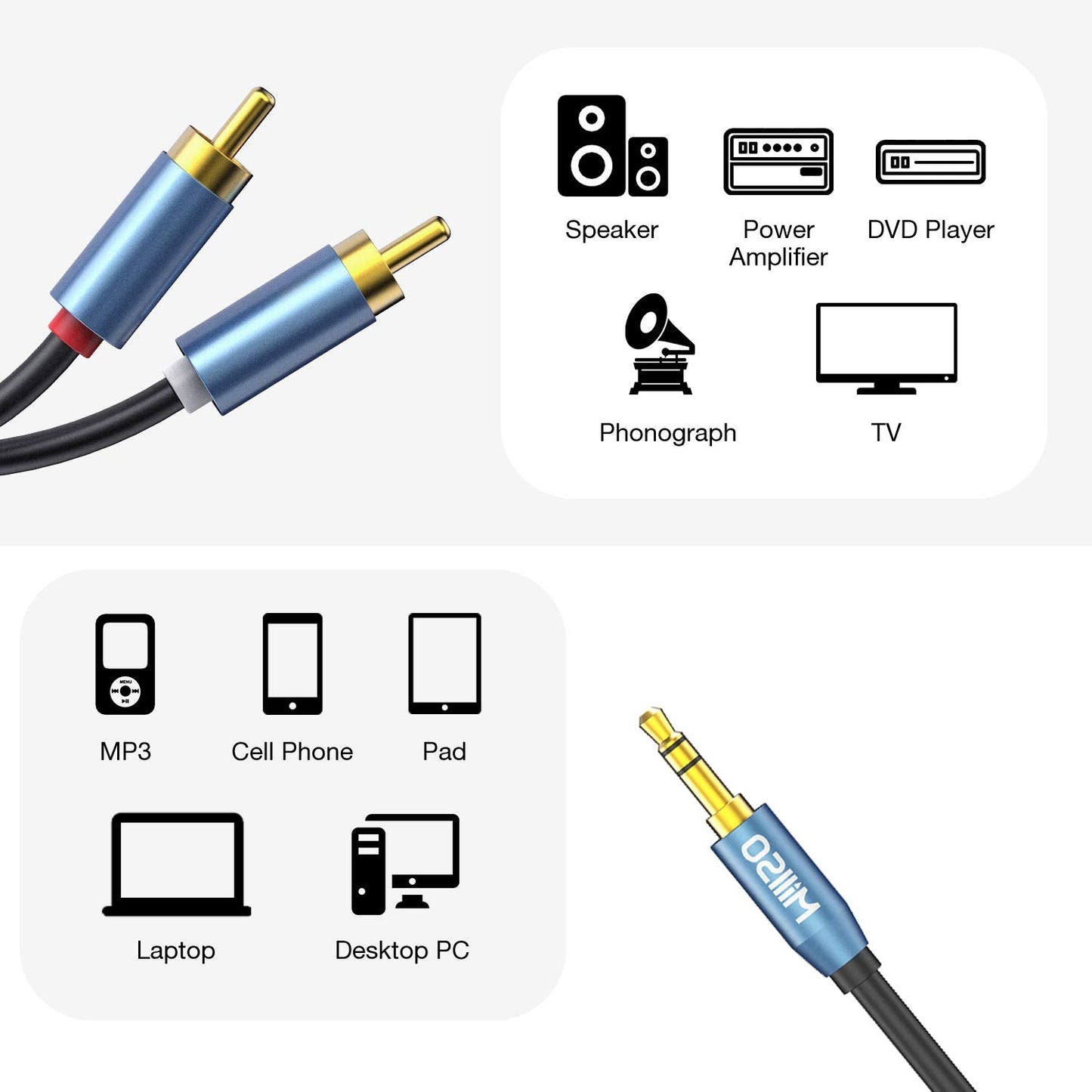 3.5mm 33 10 3.5mm 1/8 MP3 MillSO to RCA FT / M, RCA to AUX Cable to RCA Male Premium Stereo Audio Cable for Connecting