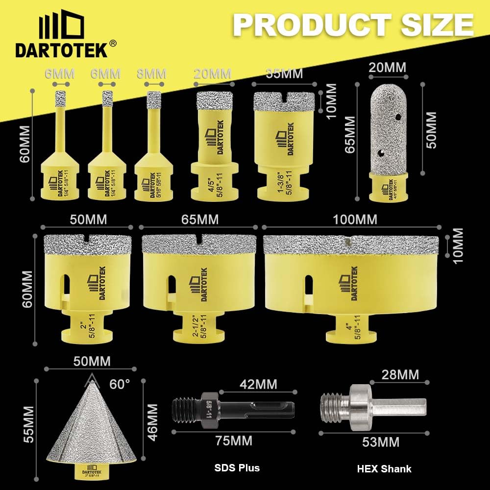 Diamond Core Drill Bits Set 12PCS - DARTOTEK Tile Hole Saw Kit and SHDIATOOL Diamond Core Drill Bits 1-3/8 Inch for Hard Stone Concrete Marble Granite Brick Laser Welded Dry or Wet Hole Saws 35mm