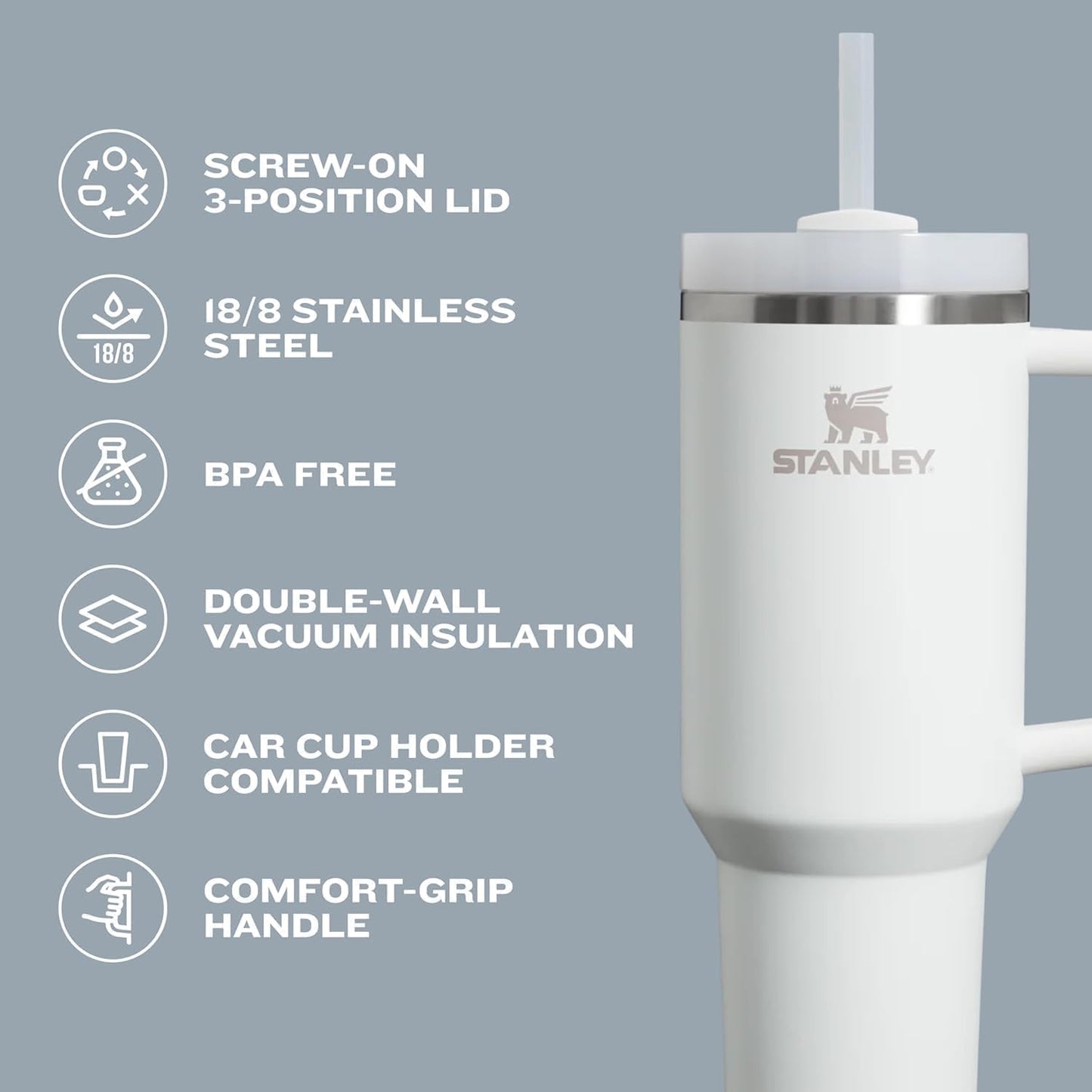 STANLEY Quencher H2.0 Tumbler - 64 oz Insulated Stainless Steel Cup with Handle & Straw | BPA-Free | Blue Sky